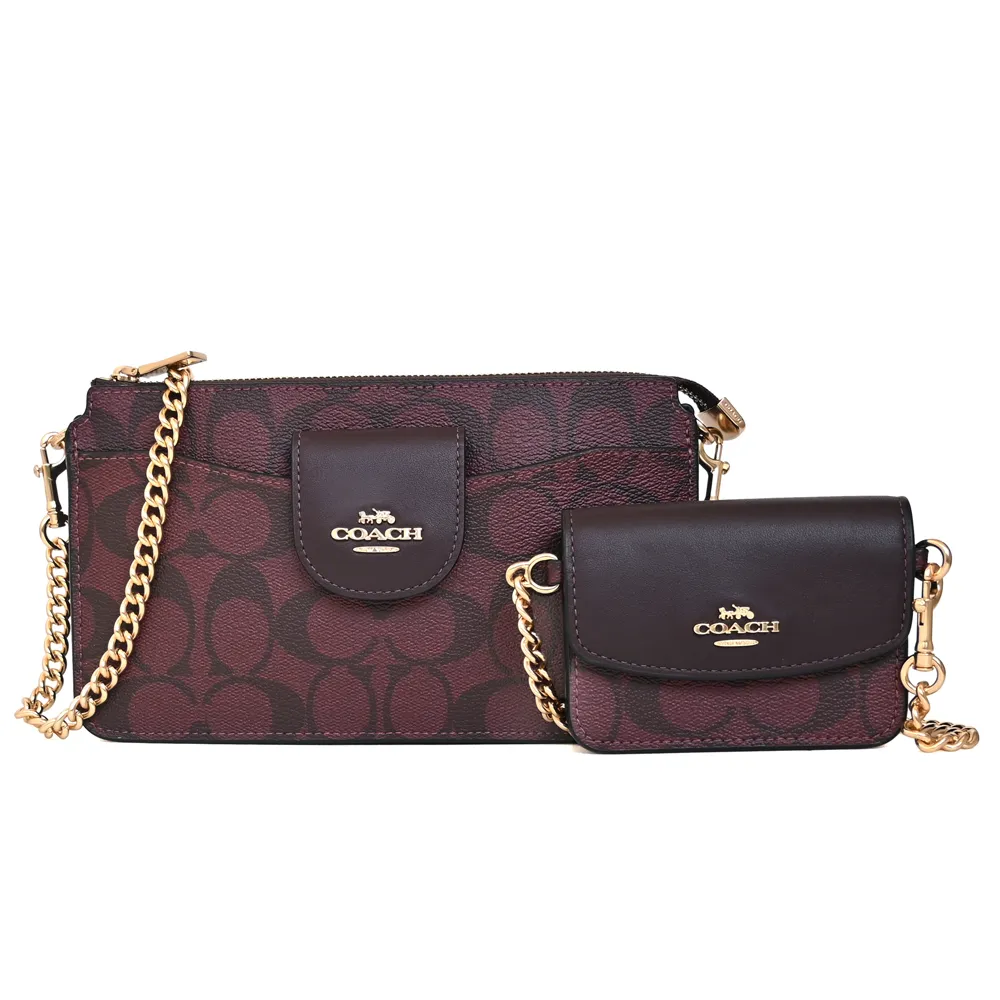 COACH酒紅C Logo平織布皮飾方框前釦袋雙摺短夾 歷史價格詳細信息