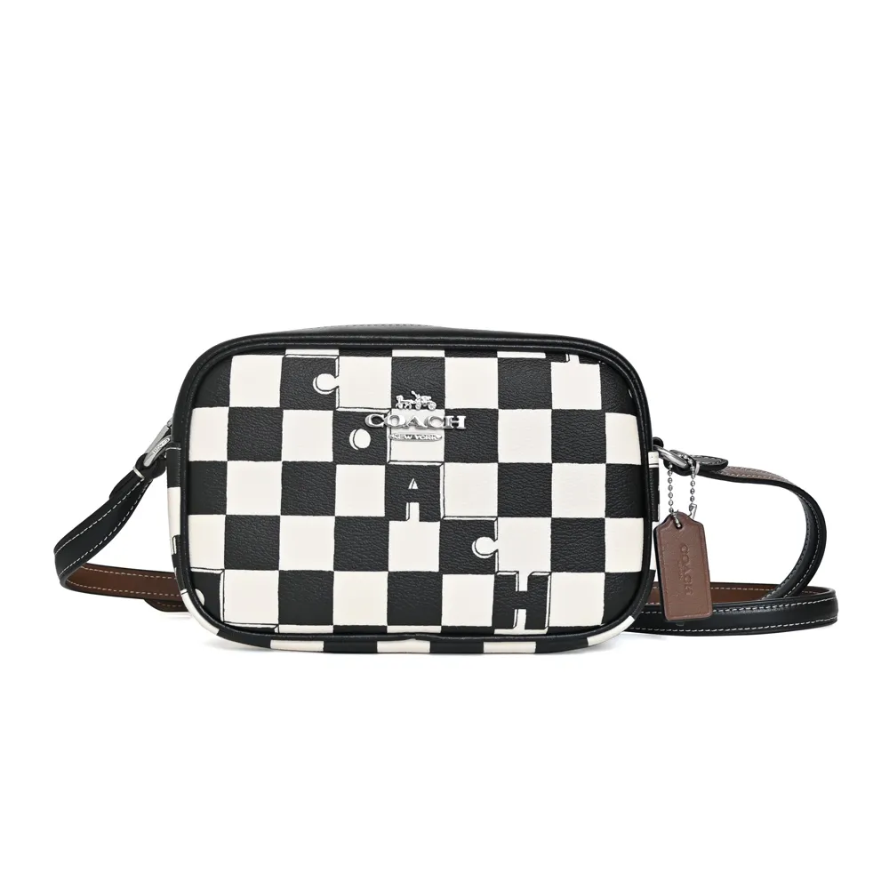 COACH黑白千鳥紋圖印鍊帶頸掛斜背方型卡夾零錢小廢包 歷史價格詳細信息