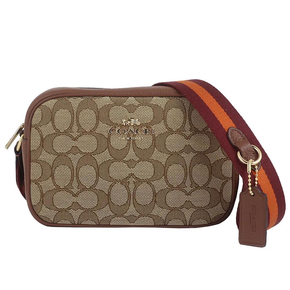 【COACH】緹花條紋織布圓標圓弧彎底斜背包(卡其棕咖/中款) 歷史價格詳細信息