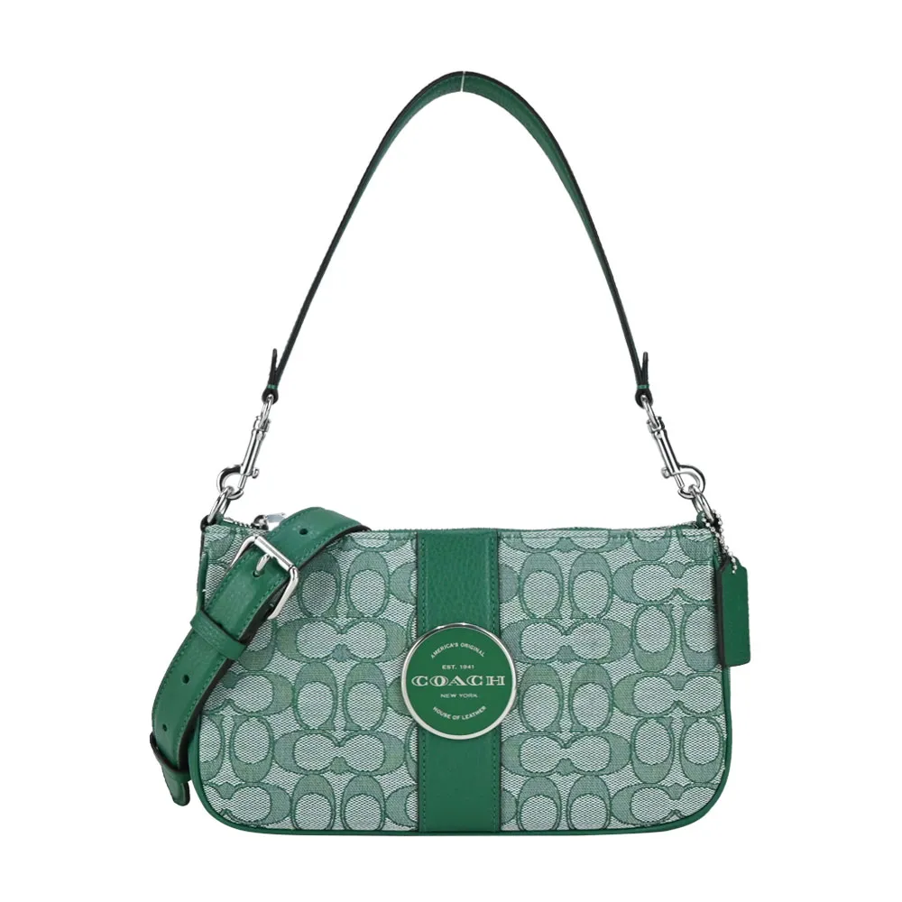 COACH 新款轉扣前口袋拼接PVC皮革雙層手提斜背兩用包(小/卡其x棕白) 歷史價格詳細信息