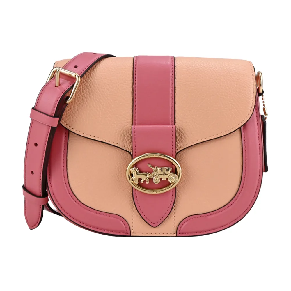 COACH GEORGIE浮雕馬車牛皮拼接緹花金屬鍊帶肩背/斜背兩用包(卡其淺藍) 歷史價格詳細信息