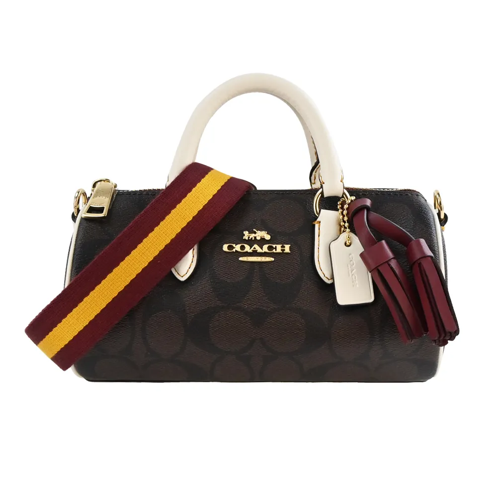 COACH Lacey 拼色皮革復古流蘇掛飾兩用圓筒包(迷你/酒紅) 歷史價格詳細信息