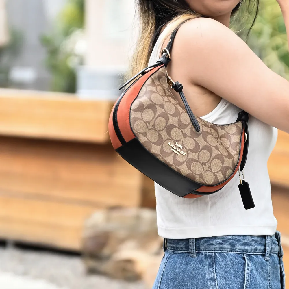 COACH C6839 Kacey 素面皮革蛇紋飾邊兩用手提包.深咖紅 歷史價格詳細信息