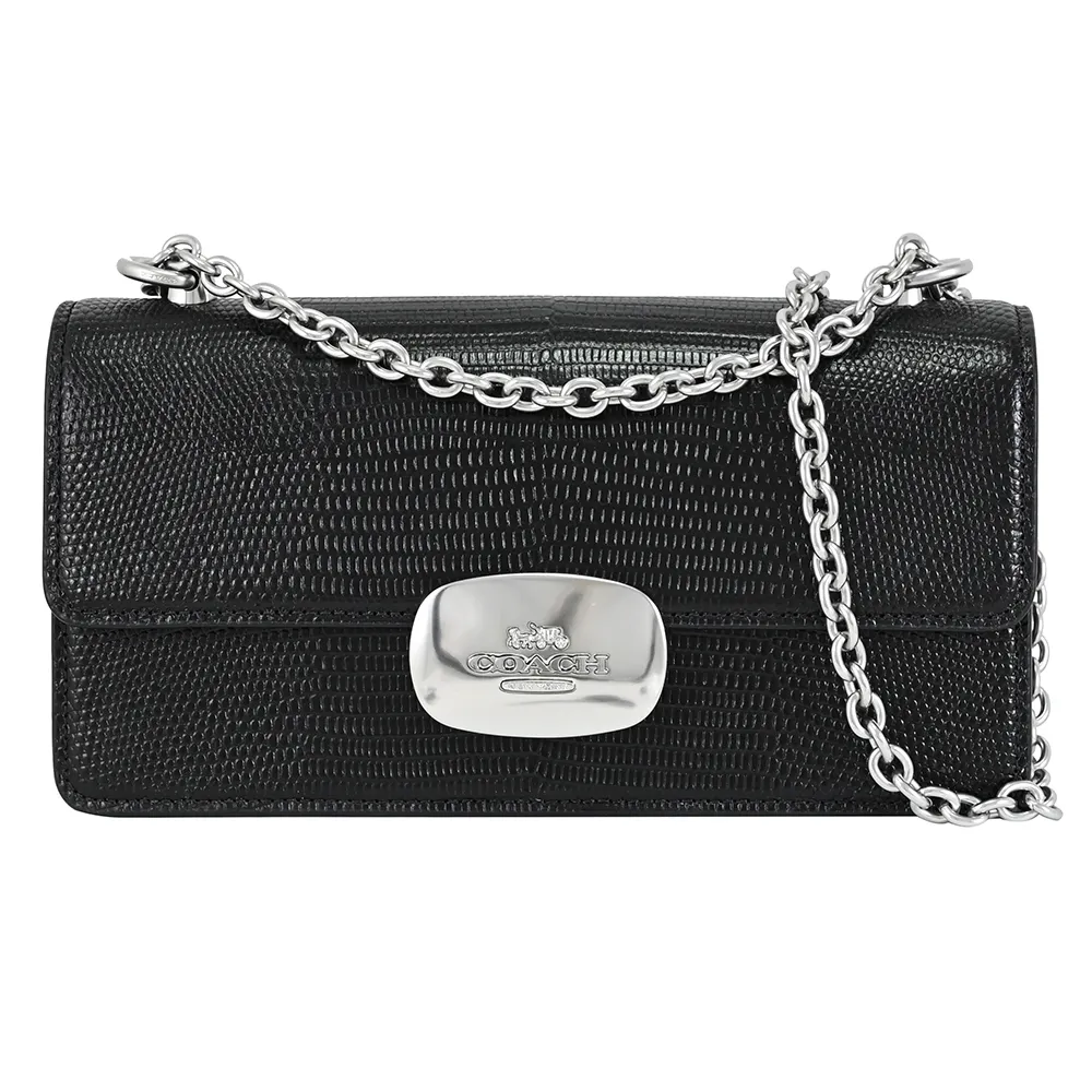 COACH ELIZA黑色素面全皮橢圓金釦翻蓋橫式手抓斜背包 歷史價格詳細信息