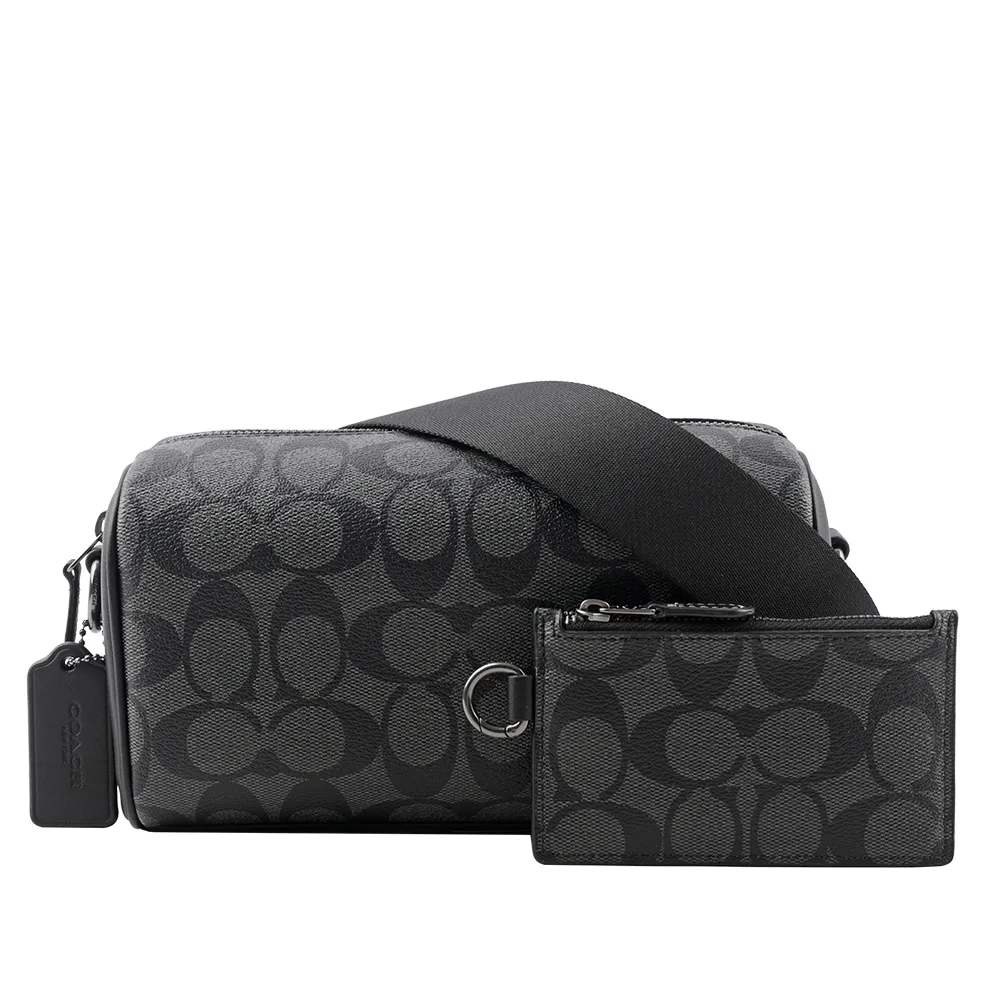 COACH Axel黑灰C Logo單寧織布掛扣零錢袋立體磚型斜背包 歷史價格詳細信息