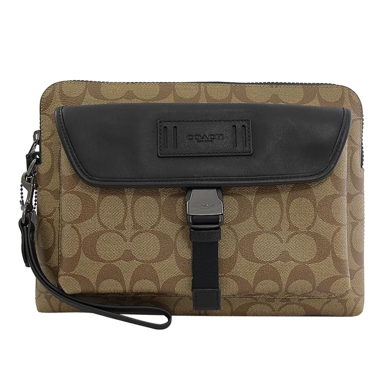 COACH 滿版LOGO拼接皮革方型卡夾拉鍊鍊帶零錢包(卡其/玫瑰粉) 歷史價格詳細信息