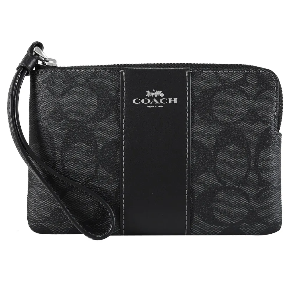 【COACH】COACH  Corner銀字LOGO緹花PVC 7卡釦式零錢中夾(炭黑x黑) 歷史價格詳細信息