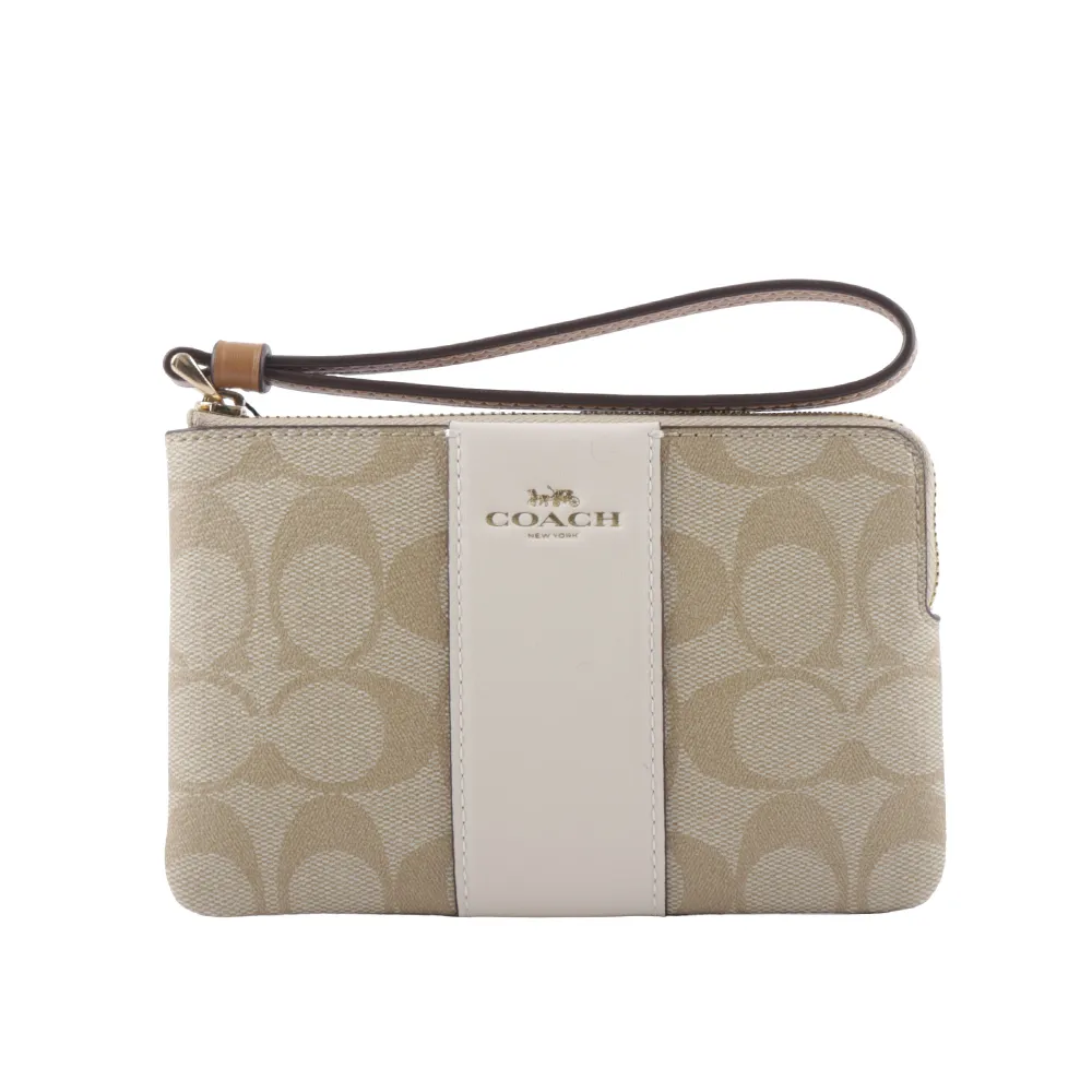 COACH CR945 Corner Zip 經典印花拼接拉鍊小手拿包.卡其/白 歷史價格詳細信息