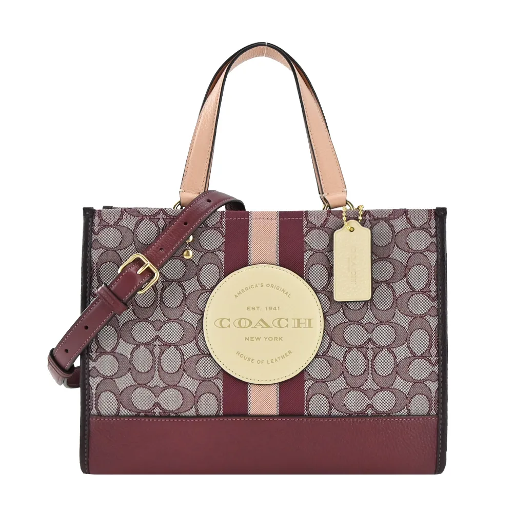 COACH DEMPSEY 圓標LOGO緹花拼接皮革兩用紙袋包((小/酒紅) 歷史價格詳細信息