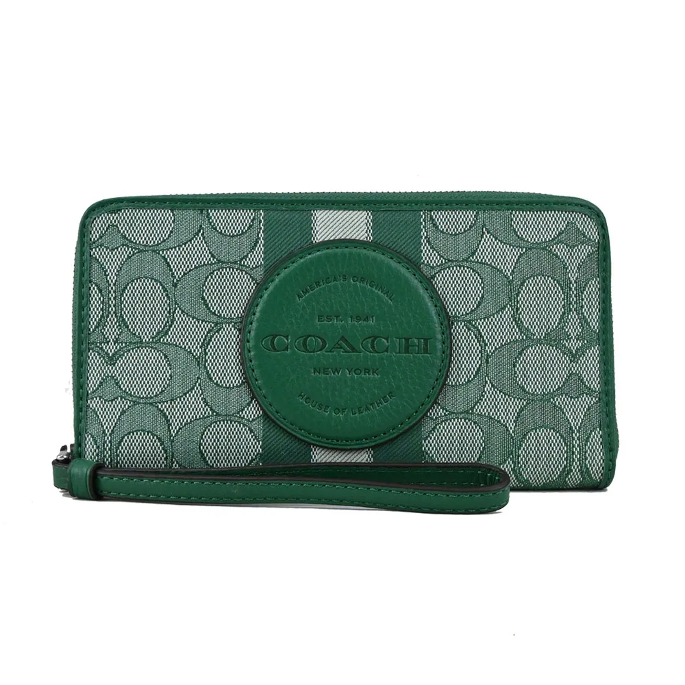 COACH 圓標LOGO緹花C撞色直條紋拉鍊對開長夾(卡其粉) 歷史價格詳細信息