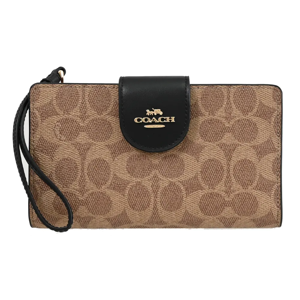 COACH CW786 馬車LOGO印花皮革扣式零錢中夾.駝/黑邊 歷史價格詳細信息