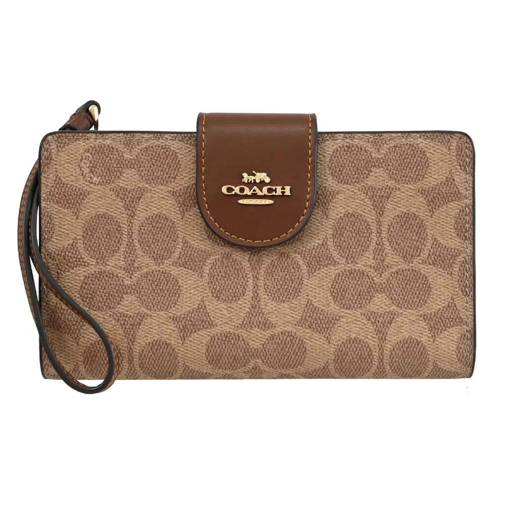 COACH CW786 馬車LOGO印花皮革扣式零錢中夾.駝/黑邊 歷史價格詳細信息