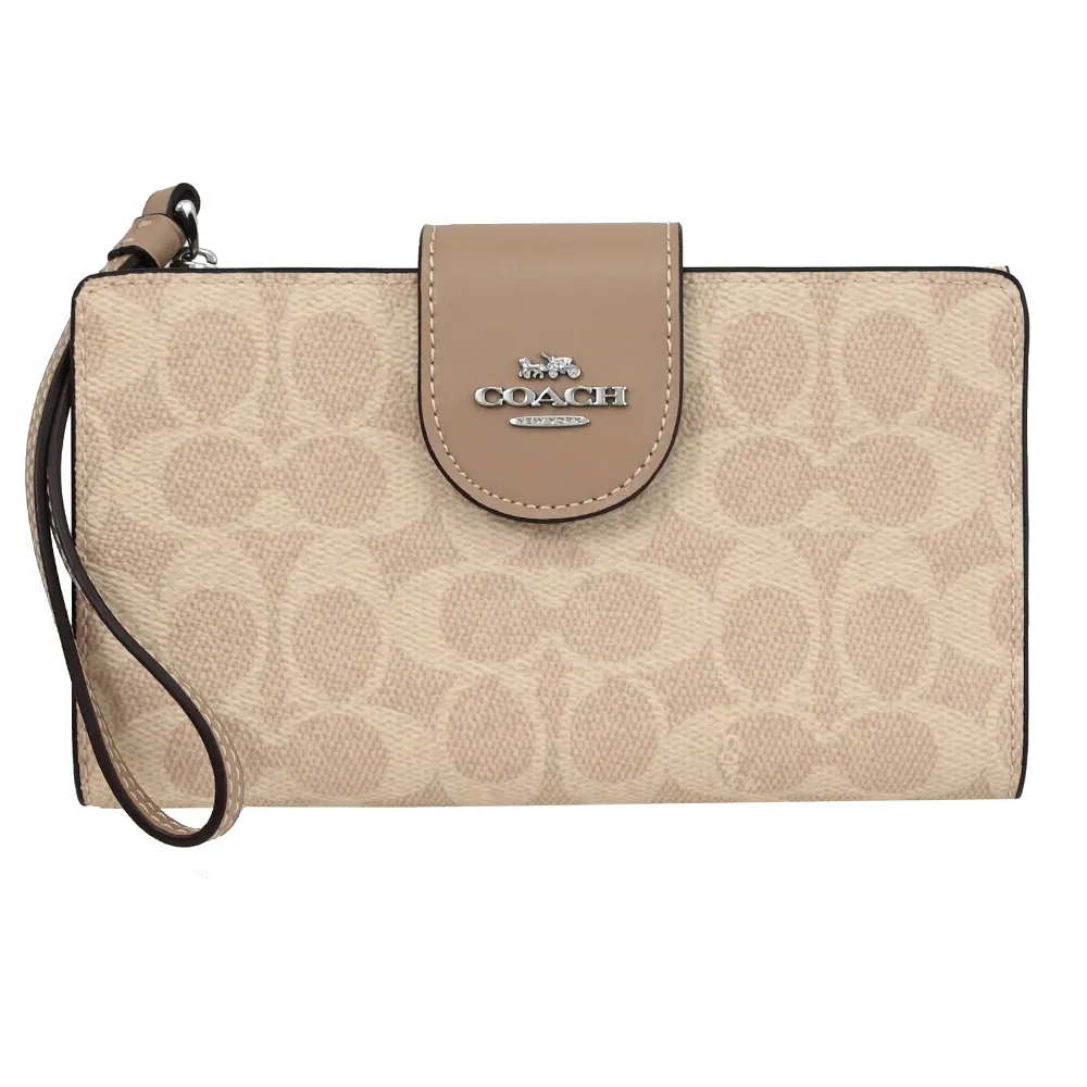 COACH CW786 馬車LOGO印花皮革扣式零錢中夾.駝/黑邊 歷史價格詳細信息