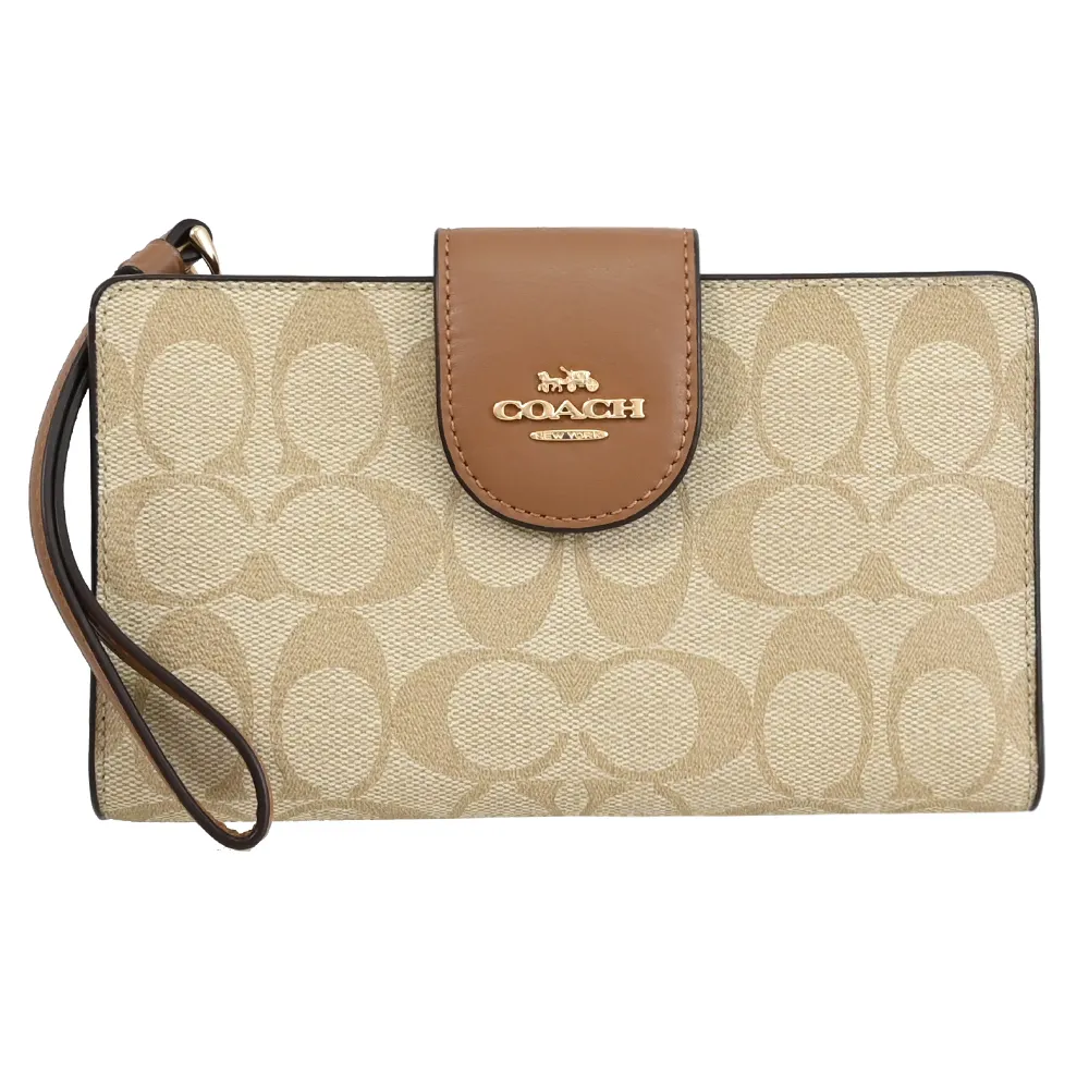 COACH C2874 馬車LOGO印花撞色拼接手機長夾.深咖/黑 歷史價格詳細信息