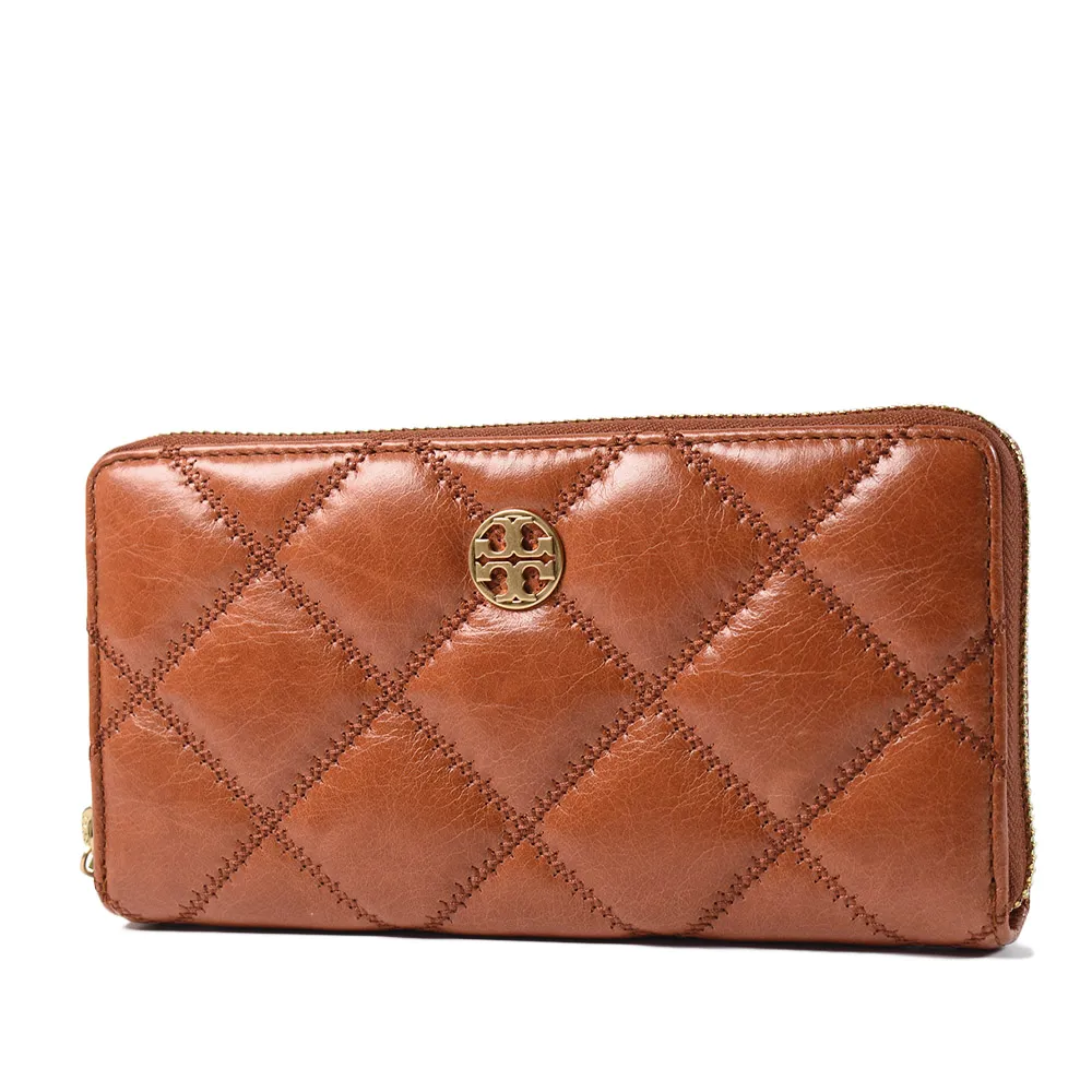 TORY BURCH_ Willa 菱格紋皮革對開釦式長夾可可色 歷史價格詳細信息