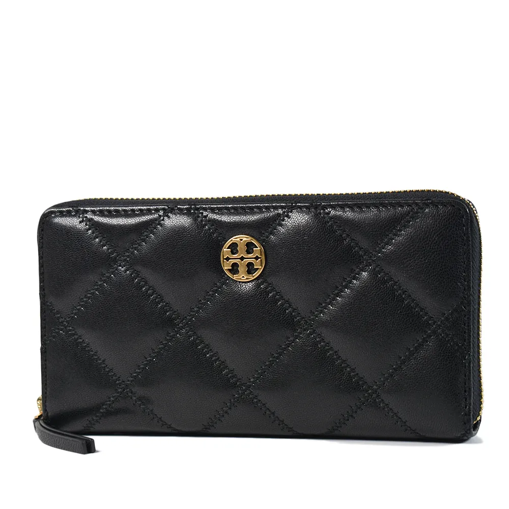 TORY BURCH_ Willa 菱格紋皮革對開釦式長夾可可色 歷史價格詳細信息