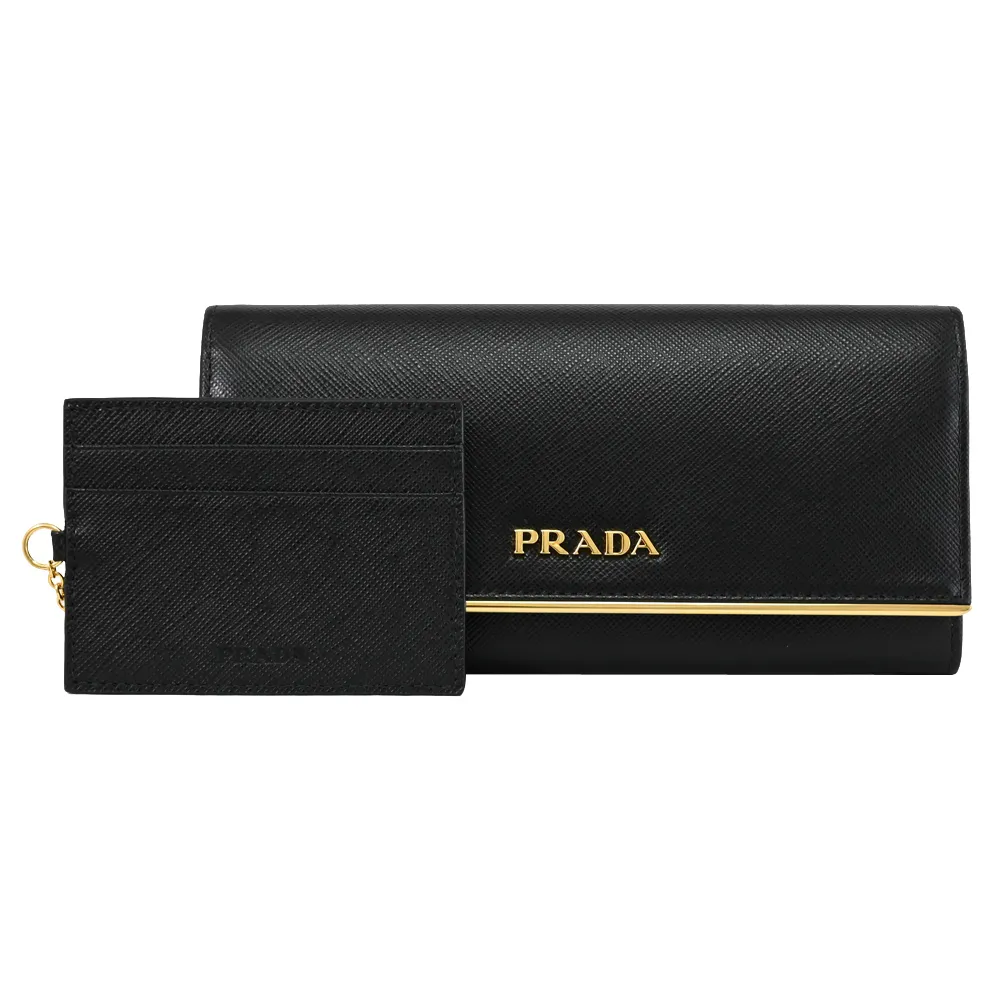 PRADA 1MH132 三角LOGO水波紋防刮附證件卡雙扣長夾.黑 歷史價格詳細信息
