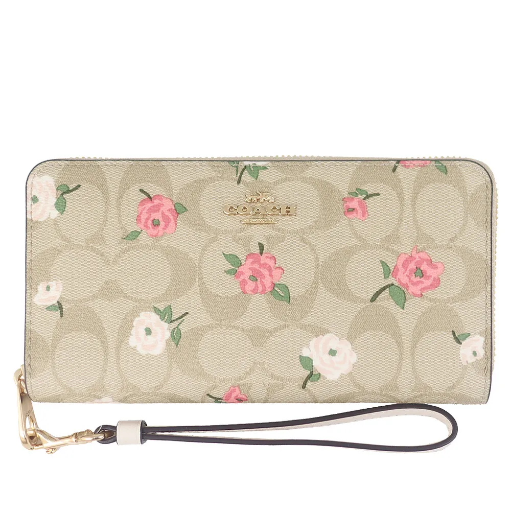 【COACH】防水帆布刺繡布標提把拉鍊長夾(咖啡色) 歷史價格詳細信息
