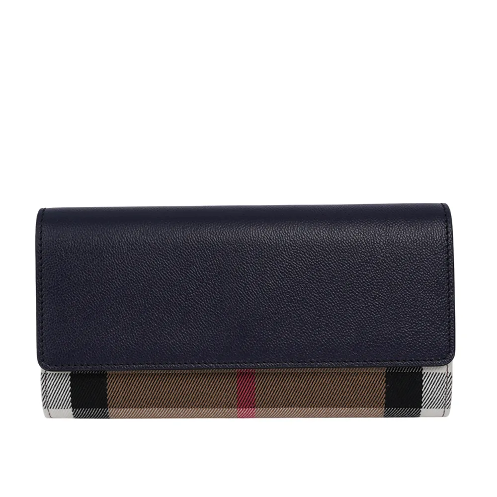 BURBERRY 8084501 Hampshire 經典格紋拼接牛皮翻蓋斜背方包.深藍 歷史價格詳細信息