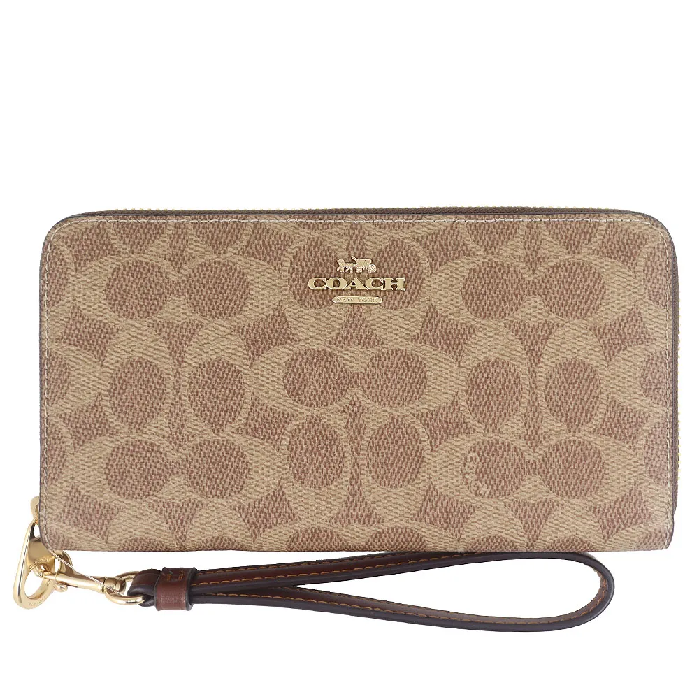【COACH】防水帆布刺繡布標提把拉鍊長夾(咖啡色) 歷史價格詳細信息