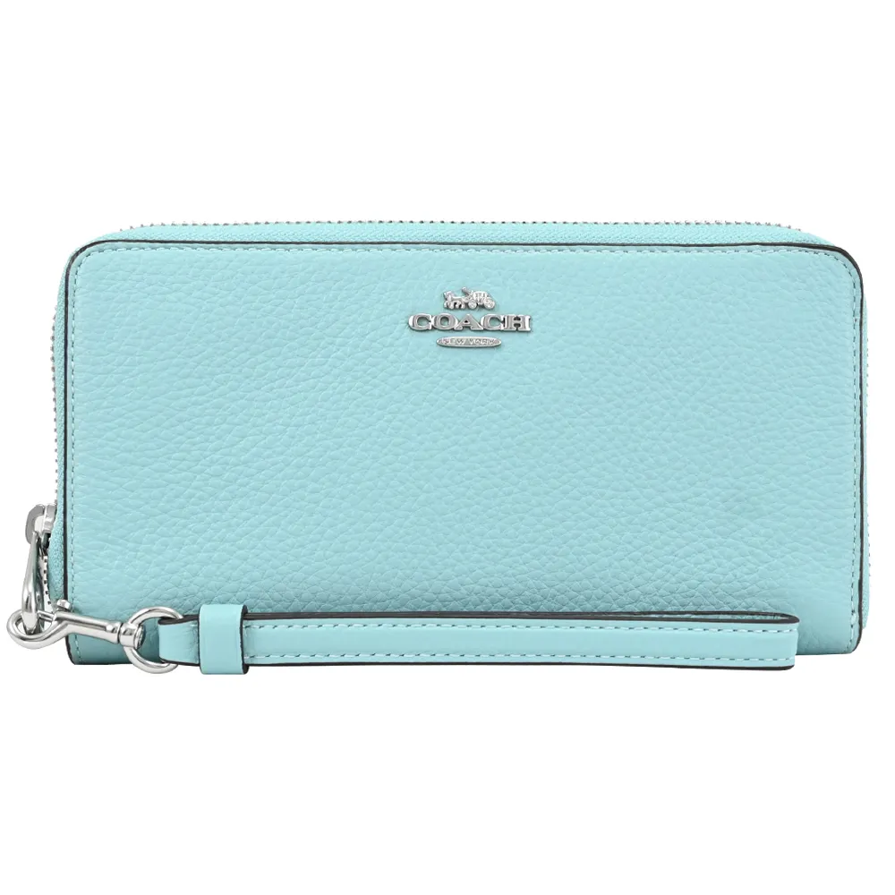 COACH C4451 馬車LOGO荔枝皮革手掛式拉鍊長夾.淺藍 歷史價格詳細信息