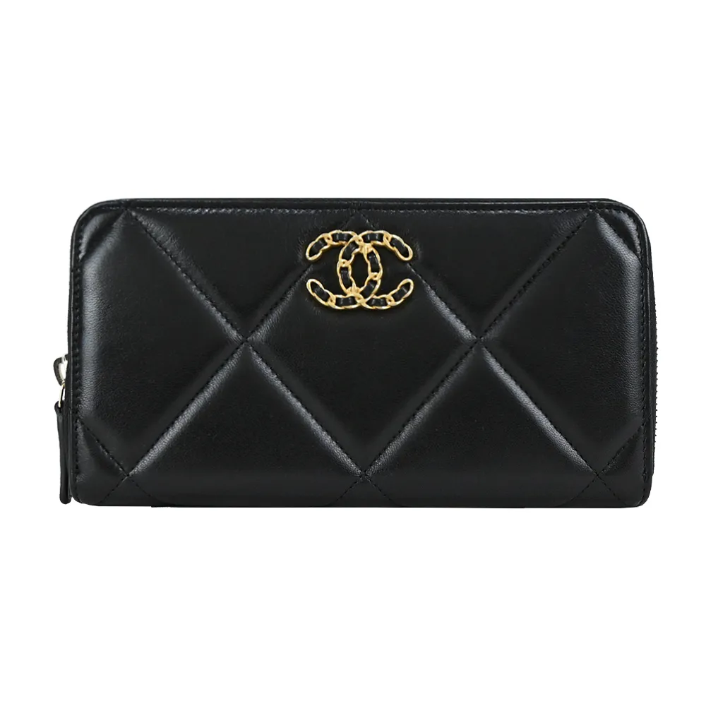 CHANEL 19系列經典金屬LOGO菱格紋小羊皮翻蓋三折短夾(黑色) 歷史價格詳細信息