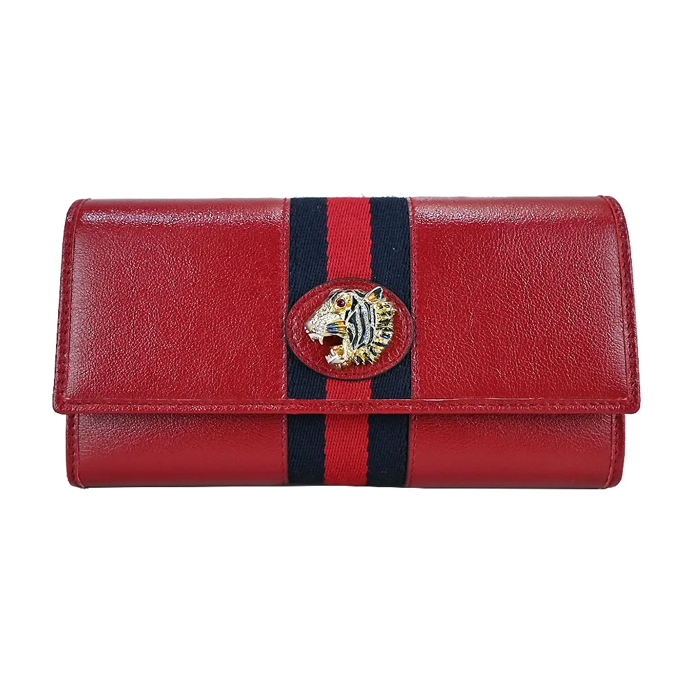 GUCCI 經典GG虎頭紅綠織帶皮革飾邊翻蓋長夾(紅色) 歷史價格詳細信息