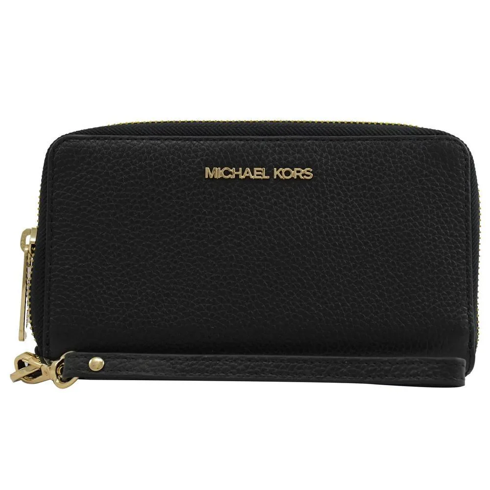 【Michael Kors】JET SET TRAVEL 金標LOGO防刮皮革拉鍊手拿可拆大長夾-黑 歷史價格詳細信息