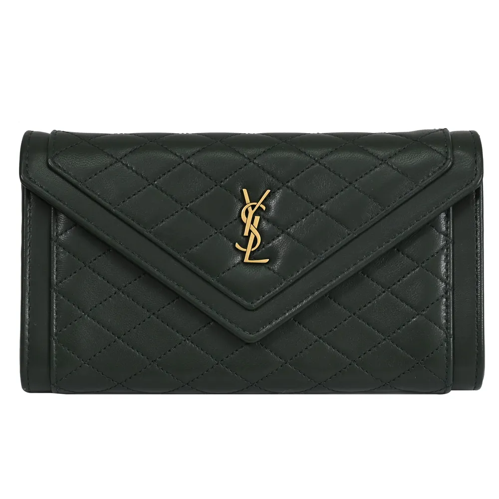 YSL 686694 經典LOGO菱格縫線羊皮信封扣式長夾.深綠 歷史價格詳細信息