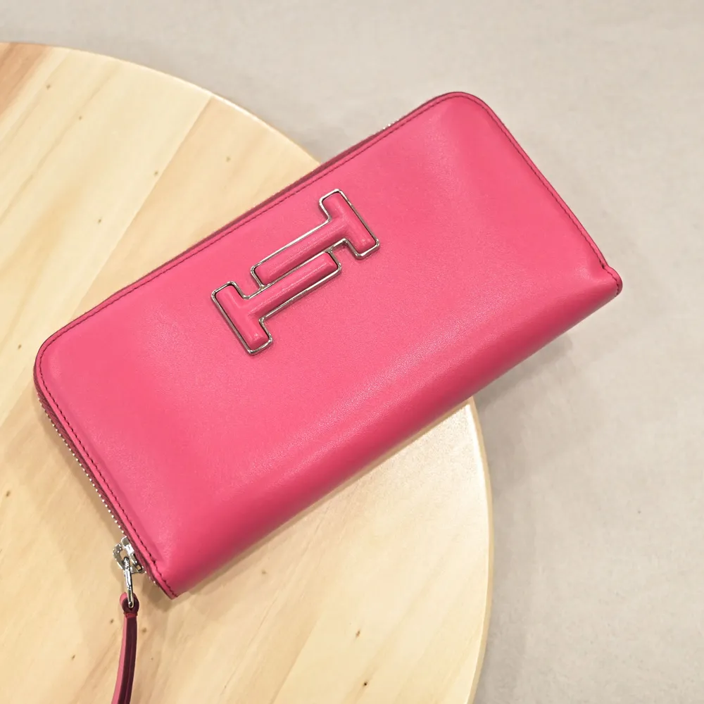 TODS DOUBLE T金屬LOGO小牛皮翻蓋釦式長夾.紅 歷史價格詳細信息