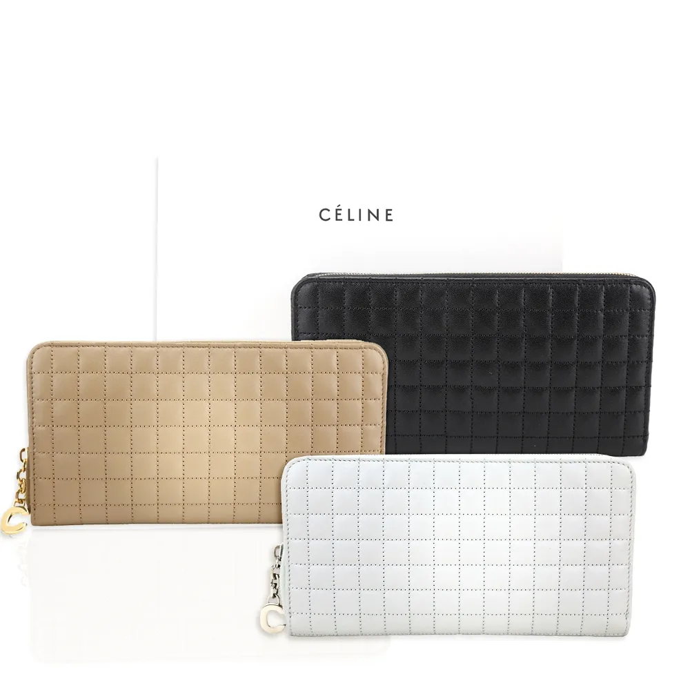 CELINE C Charms金屬LOGO壓印格紋設計小牛皮扣式手提包(黑) 廠商直送 歷史價格詳細信息