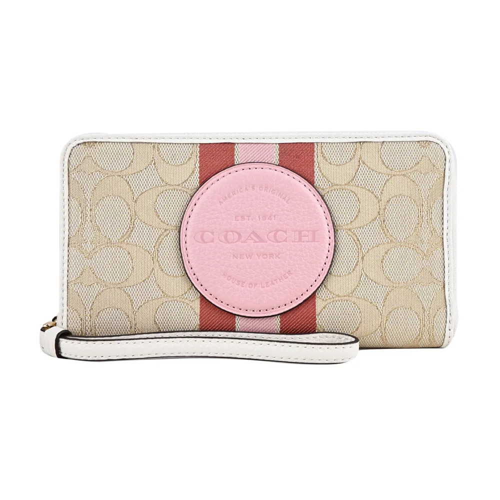 【COACH】C LOGO直紋手掛式拉鍊零錢袋長夾(杏茶烤奶) 歷史價格詳細信息