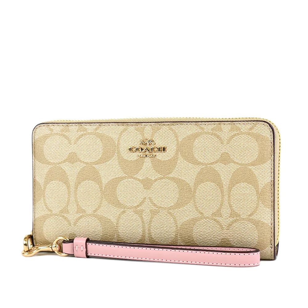 COACH 緹花LOGO防刮皮革手掛式拉鍊長夾-櫻花粉 歷史價格詳細信息