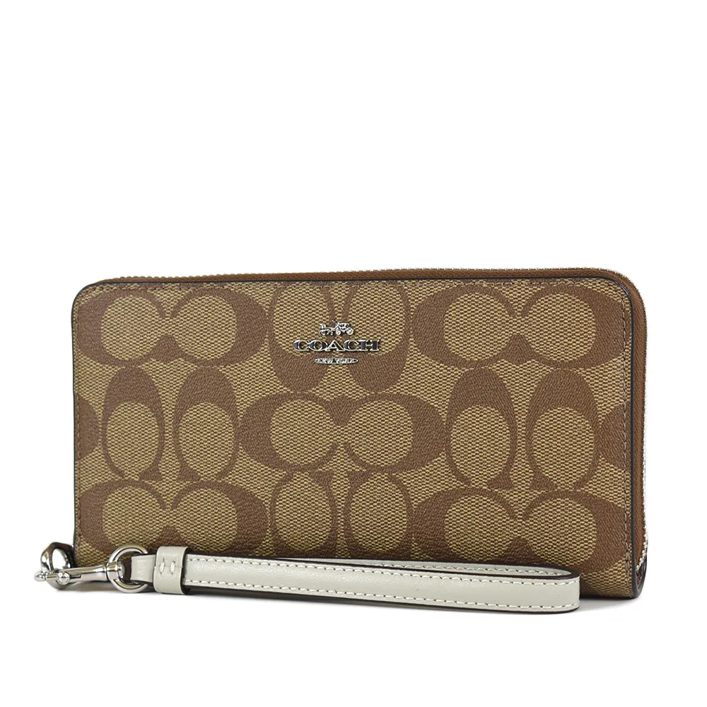 COACH 緹花LOGO防刮皮革手掛式拉鍊長夾-櫻花粉 歷史價格詳細信息