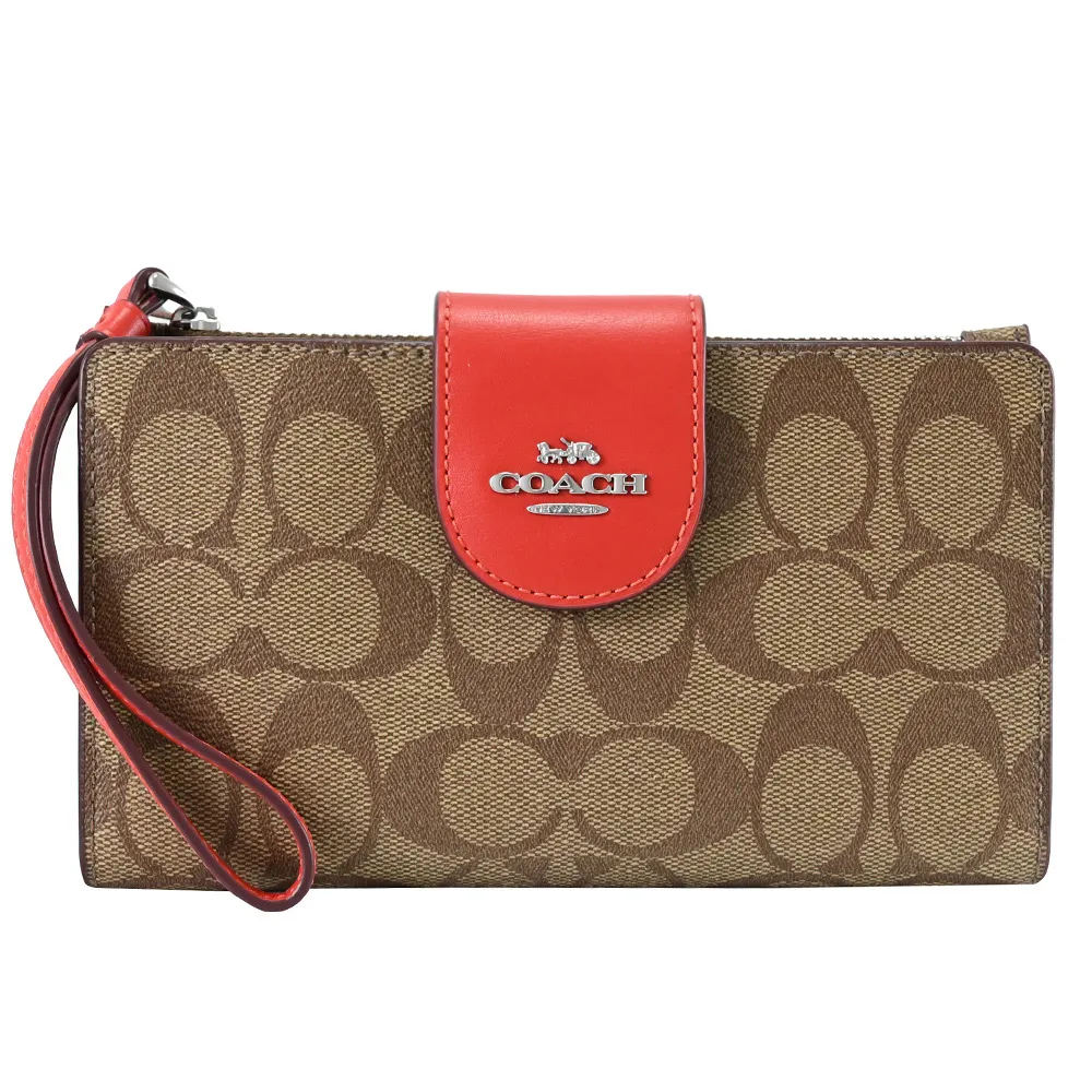 COACH C2874 馬車LOGO印花撞色拼接手機長夾.深咖/黑 歷史價格詳細信息