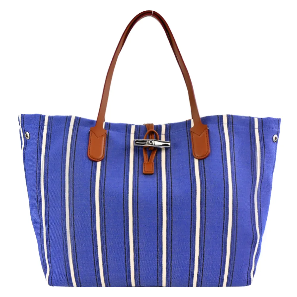 LONGCHAMP ROSEAU ESSENTIAL系列帆布LOGO字母條紋兩用水桶包(小/黃x白) 歷史價格詳細信息