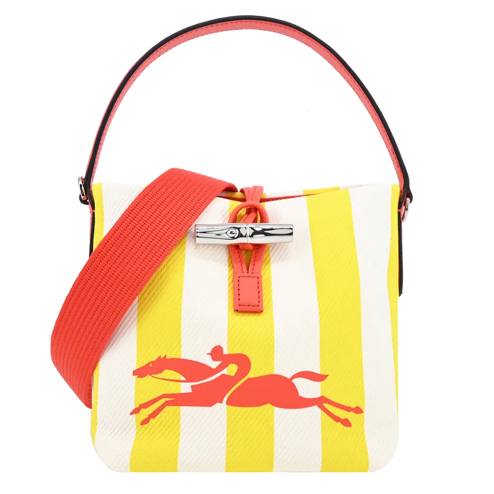 LONGCHAMP ROSEAU ESSENTIAL系列帆布LOGO字母條紋兩用水桶包(小/黃x白) 歷史價格詳細信息