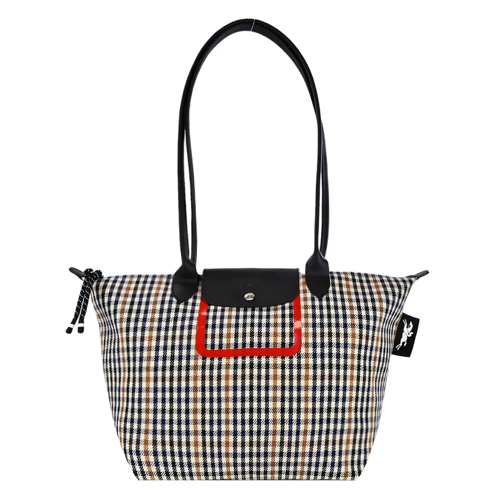 LONGCHAMP LE PLIAGE 系列千鳥格紋帆布長把水餃肩背包(小/海軍藍x白蘭地酒) 歷史價格詳細信息