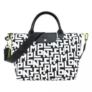 【LONGCHAMP】Le Pliage LGP系列滿版字母尼龍短把手提/斜背兩用水餃包(中/黑X白) 歷史價格詳細信息
