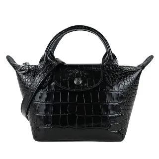 LONGCHAMP LE PLIAGE CUIR系列亮面鱷魚紋牛皮手提水餃包(小/暗灰藍) 歷史價格詳細信息