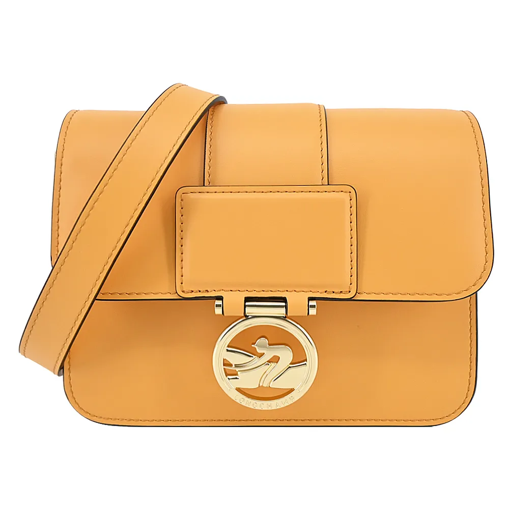 LONGCHAMP BOX-TROT系列小牛皮金屬LOGO翻蓋斜背包(中/杏黃) 歷史價格詳細信息
