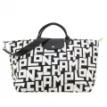 【LONGCHAMP】Le Pliage LGP系列滿版字母尼龍短把手提/斜背兩用水餃包(中/黑X白) 歷史價格詳細信息