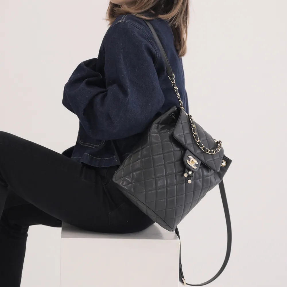 CHANEL經典雙C LOGO菱格紋小牛皮金釦兩用包(黑色) 歷史價格詳細信息