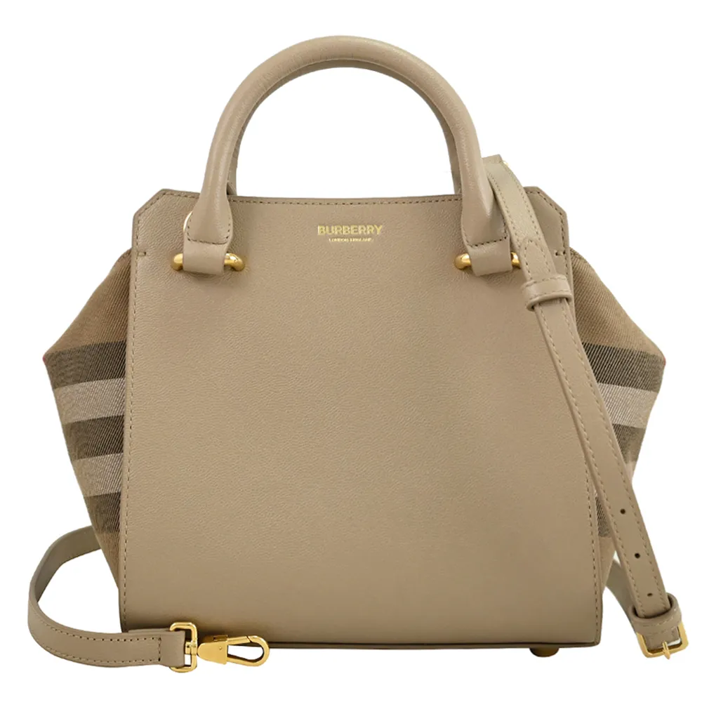 BURBERRY 8084486 BANWELL 質感牛皮拼接格紋棉麻手提斜背兩用包.深藍 歷史價格詳細信息