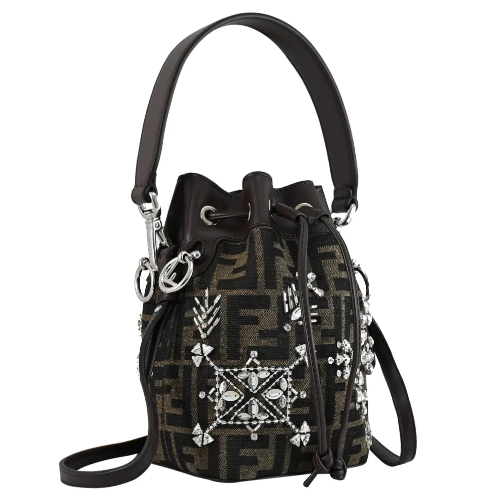 FENDI 8BS010 Mon Tresor 經典花紋尼龍迷你束口兩用水桶包.深咖/黑 歷史價格詳細信息