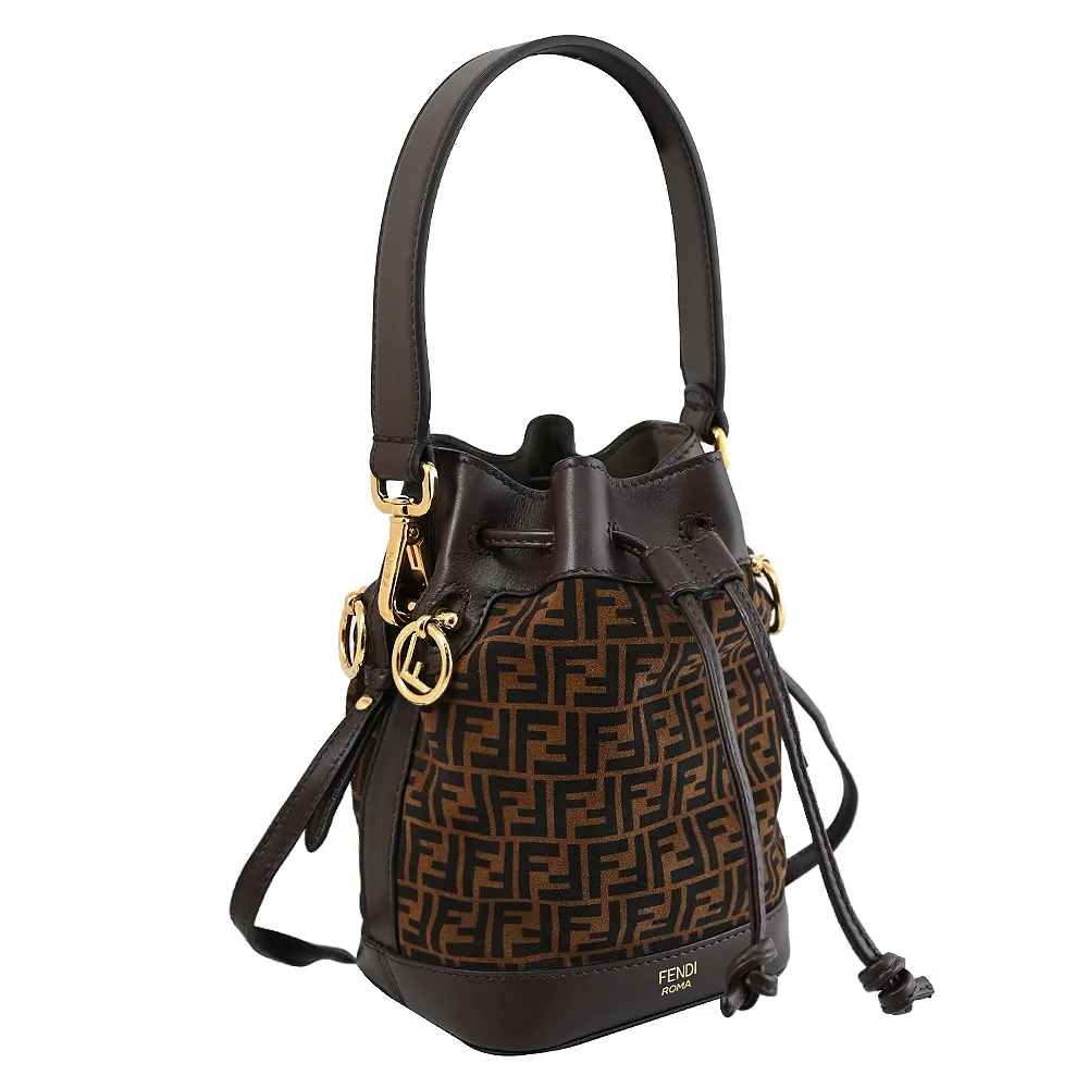 FENDI 8BS010 Mon Tresor 經典花紋尼龍迷你束口兩用水桶包.深咖/黑 歷史價格詳細信息