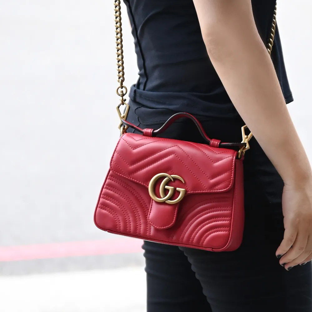 GUCCI GG Marmont 牛皮縫線手提肩背包(咖) 歷史價格詳細信息