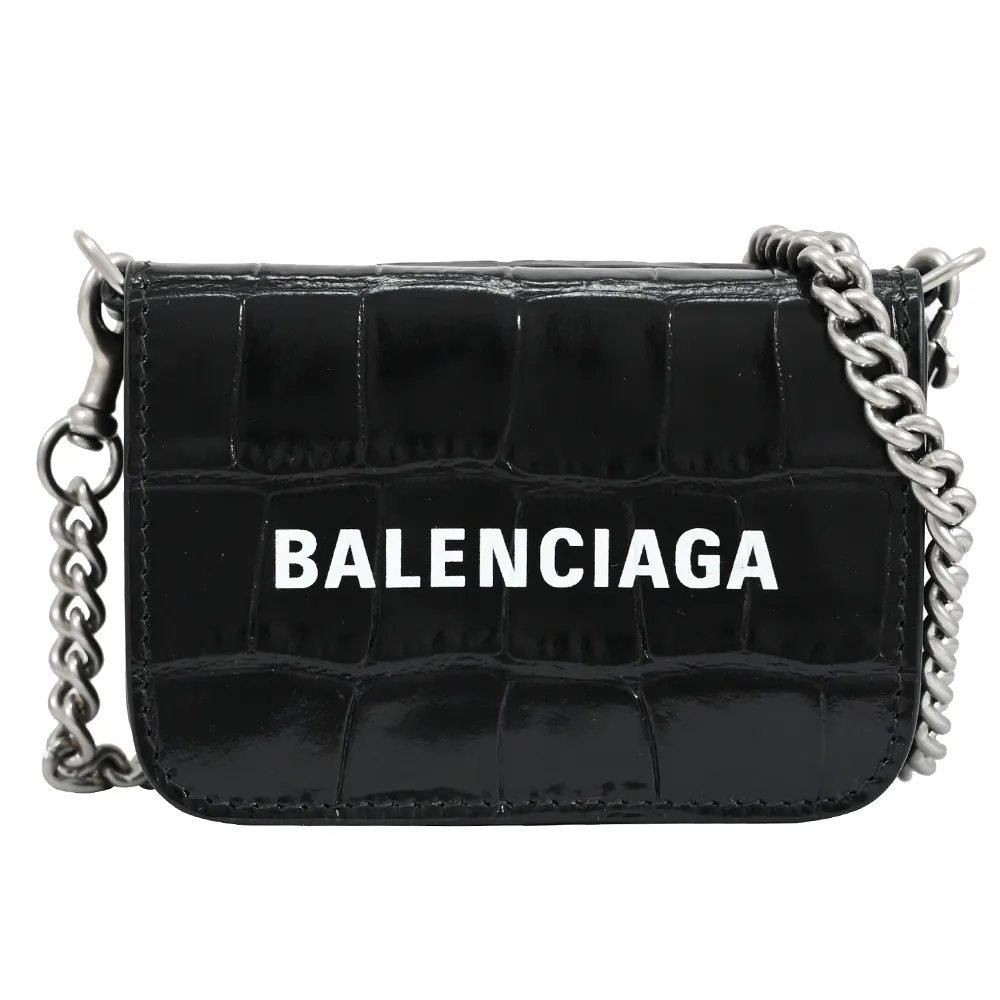 BALENCIAGA 巴黎世家 618145 鱷魚壓紋牛皮可斜背式零錢短夾.黑 歷史價格詳細信息