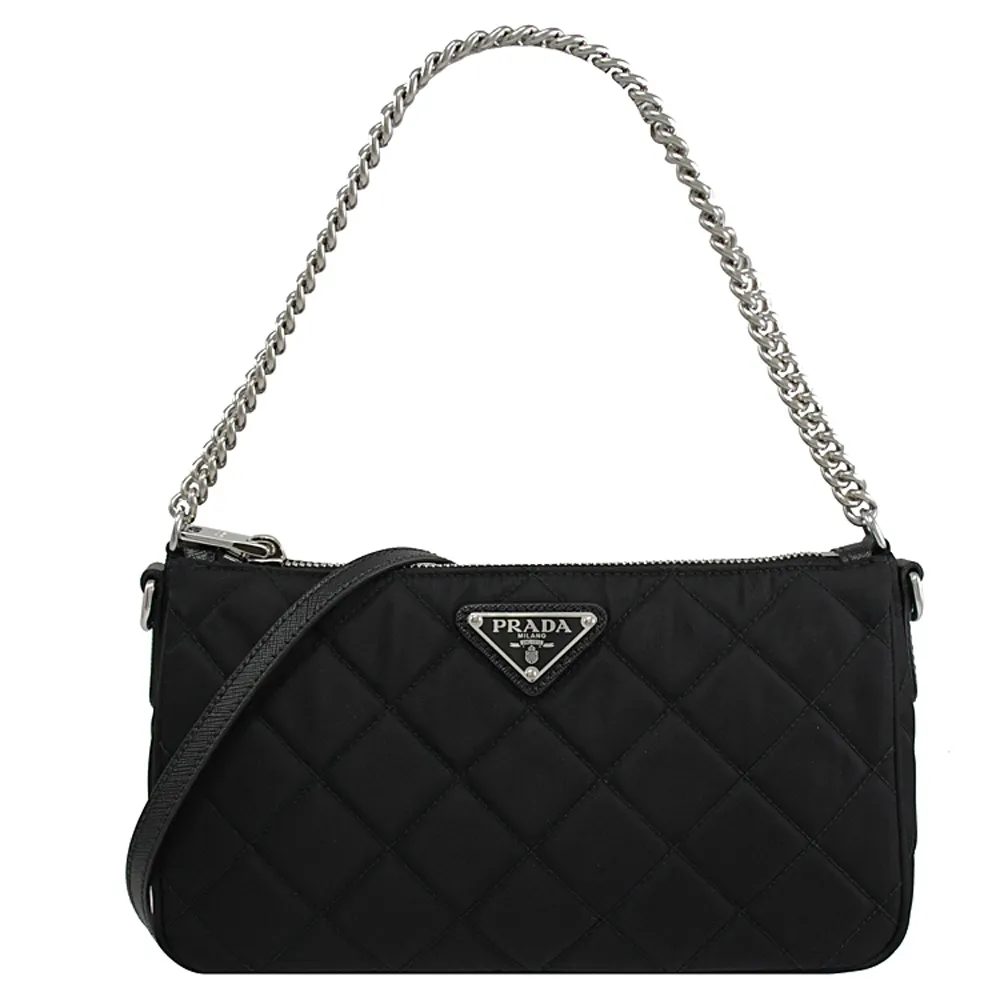 PRADA 1BH046 浮雕金字LOGO荔枝牛皮雙層斜背包.黑 歷史價格詳細信息