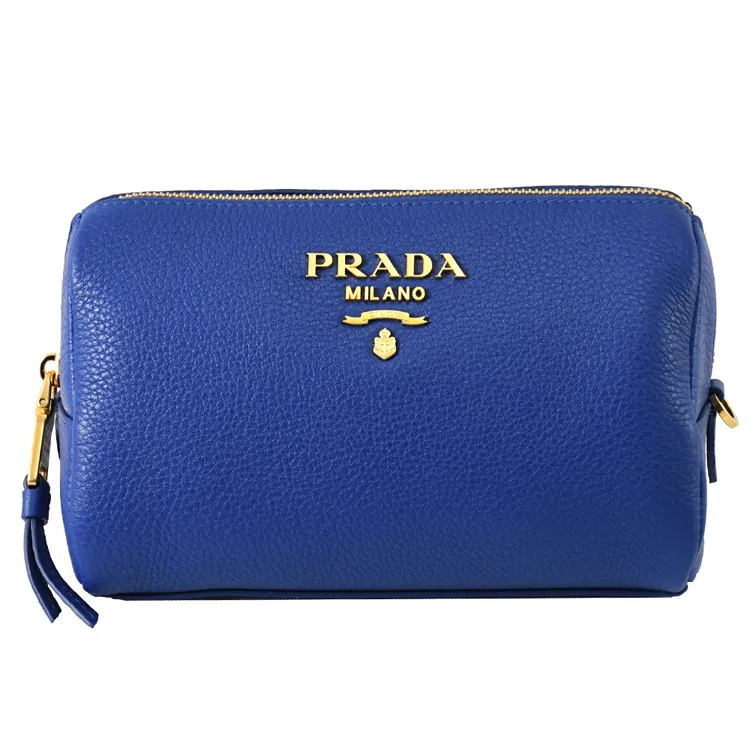 PRADA 1ND005 浮雕LOGO貝殼造型牛皮萬用包/化妝包.藍 歷史價格詳細信息